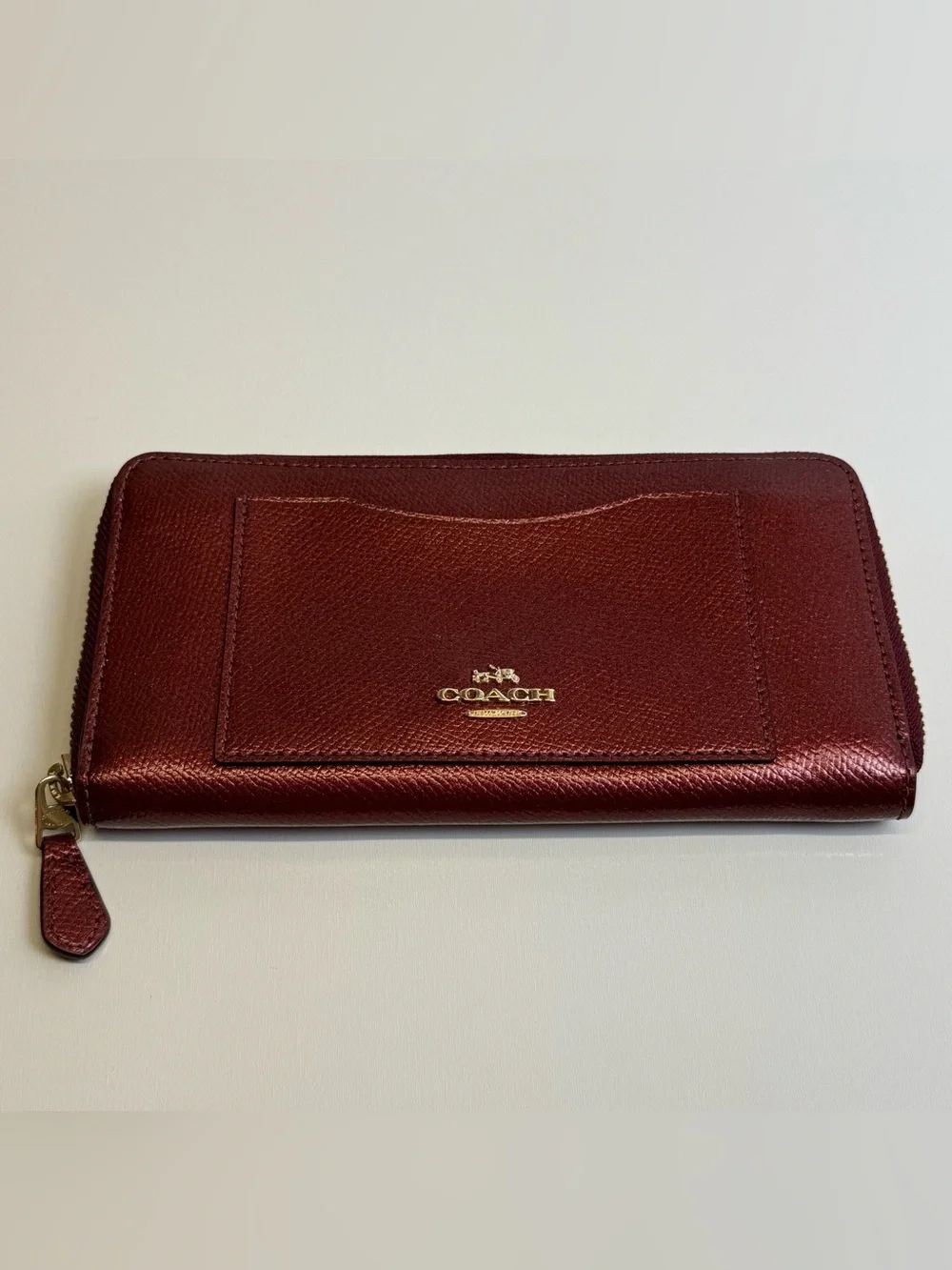 Coach Zip Wallet in Pebbled Leather Deep Red / Burgundy Gold Full Size Organizer